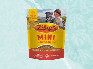 Zuke's Mini Naturals collaged on a blue background
