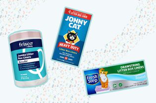 Collage of cat litter box liners we recommend on a colorful background