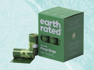Collage of Earth Rated dog poop bags on a blue background