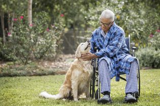 Senior Black man in wheelchair petting dog