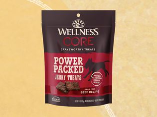 Wellness CORE Pure Rewards Power Packed Jerky Treats displayed on an orange patterned background 