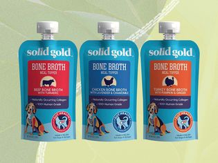Solid Gold Bone Broth collaged on a green background
