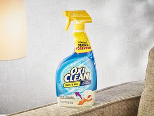 OxiClean Carpet & Area Rug Stain Remover displayed on the arm of a couch next to a lamp