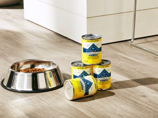 Four cans of Blue Buffalo Homestyle Recipe Healthy Weight next to a dog food bowl